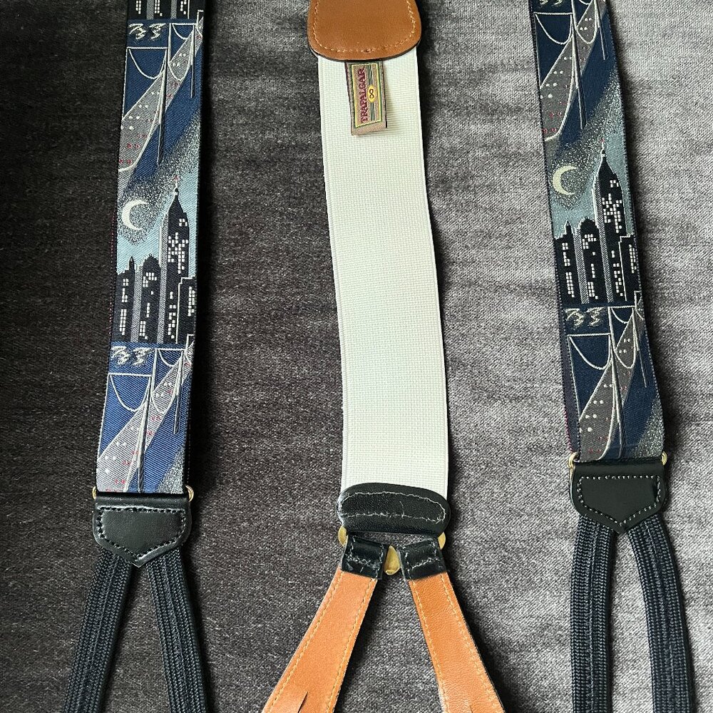 TRAFALGAR Vtg Suspenders Braces Button "City Lights Night" Leather Silk Brass